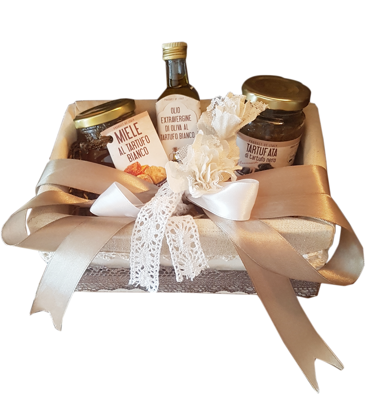 Geschenkkorb Trilli – Sauce mit Sommertrüffeln, Honig und Olivenöl mit weissen Trüffeln