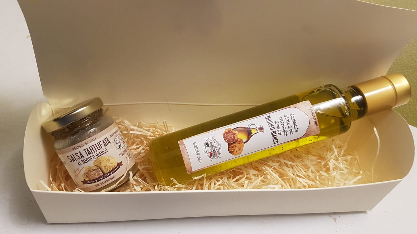 Geschenkkorb:  Sauce  mit weissen Trüffeln 80 g und Olivenöl mit weissen Trüffeln 250 ml 