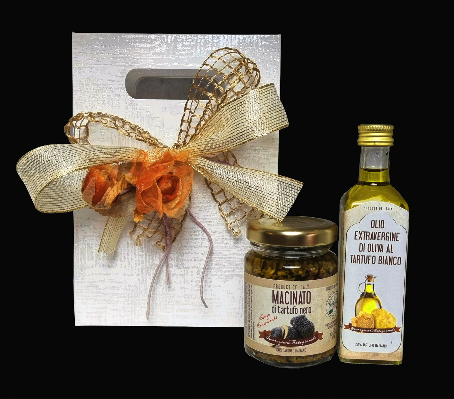 Geschenkkorb:  Sommertrüffel-Puree 80 g und Olivenöl mit weissen Trüffeln 60 ml